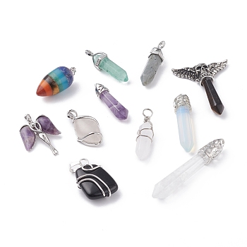 Natural & Synthetic Mixed Gemstone Pendants, with Alloy Findings, Mixed Shapes, 31~62x9~22x5~10mm, Hole: 4~7x2.5~5.5mm