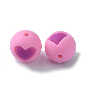 Food Grade Eco-Friendly Silicone Beads, Chewing Beads For Teethers, DIY Nursing Necklaces Making, Round with Heart, Pearl Pink, 14.5~15mm, Hole: 2mm
