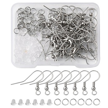 50Pcs 304 Stainless Steel French Hooks with Coil and Ball, Ear Wire, with 50Pcs Jump Rings and 50Pcs Plastic Ear Nuts, Stainless Steel Color, 18~20x21mm, Hole: 2.5mm, 21 Gauge, Pin: 0.7mm