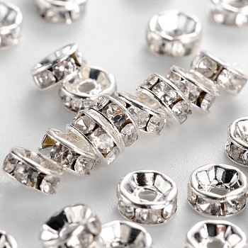 Brass Rhinestone Spacer Beads, Grade B, Clear,  Silver Color Plated, Size: about 5mm in diameter, 2.5mm thick, hole: 1mm