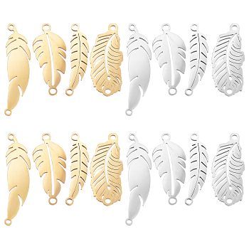 16Pcs 4 Style 201 Stainless Steel Links/Connectors, Laser Cut Links, Leaf, Golden & Stainless Steel Color, 26~33x7~11x1mm, hole: 1.4~1.8mm, 4pcs/style