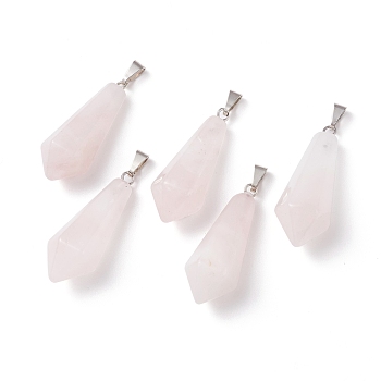 Natural Rose Quartz Pointed Pendants, with Platinum Plated Brass Loops, Bullet, 35.3~38x13~14mm, Hole: 6.5x2.8mm