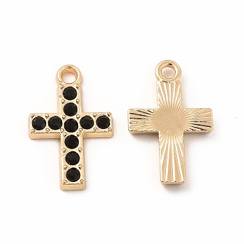 Rack Plating Eco-friendly Alloy Rhinestone Pendants, Religion Cross Charm, Golden, Jet, 16x10x2mm, Hole: 1.6mm