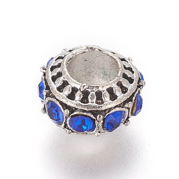 Tibetan Style Alloy European Beads, with Rhinestone, Large Hole Beads, Rondelle, Sapphire, 10~11x7mm, Hole: 5mm