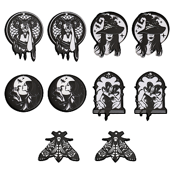 10Pcs 5 Style Printed Acrylic Pendants, Hecate with Ram Skull & Snake & Moth & Witch Hat Charm, Black, 28.4~43.5x37.5~35.7x2.5~2.8mm, Hole: 1.8~2mm, 2pcs/style