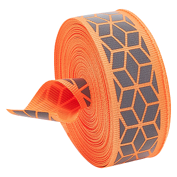10M Flat Reflective Polyester Grosgrain Ribbon, Geometric Print Ribbon for Warning Tape, Coral, 1 inch(25~27mm), about 10.94 Yards(10m)/Bag