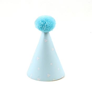 Paper Pompon Party Hats, with Polyester and Iron Rope, Birthday Gifts, for Girl Birthday Party Supplies, Sky Blue, 185x110mm