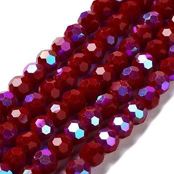 Opaque Glass Beads Strands, Faceted, Round, Dark Red, 10x9mm, Hole: 1.3mm, about 65~68pcs/strand, 24.13~24.21''(61.3~61.5cm)