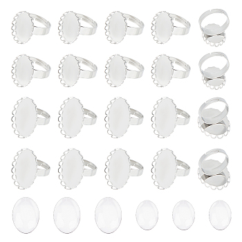 DIY Blank Dome Oval Finger Ring Making Kit, Including Stainless Steel Adjustable Ring Components, Glass Cabochons, Stainless Steel Color, 64Pcs/box