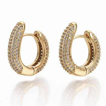 Brass Micro Pave Clear Cubic Zirconia Hoop Earrings, Real 16K Gold Plated, 19x18x4.5mm, Pin: 1x1mm