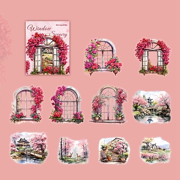 10Pcs 10 Styles Window Scenery Waterproof PET Stickers, Decorative Stickers, for Water Bottles, Luggage, Mobile Phone, Pink, 68~85x60~83x0.1mm, 1pc/style