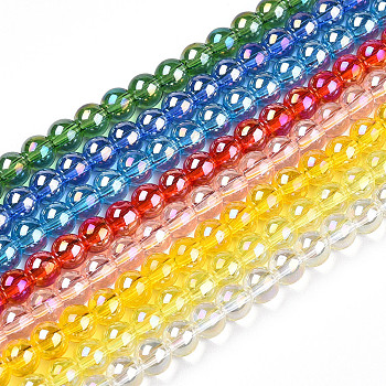 Electroplate Transparent Glass Beads Strands, AB Color Plated, Round, Mixed Color, 8~8.5mm, Hole: 1.5mm, about 51~53pcs/strand, 14.96 inch~15.55 inch(38~39.7cm)
