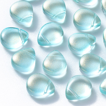 Transparent Spray Painted Glass Beads, Top Drilled Beads, with Glitter Powder, Teardrop, Pale Turquoise, 12.5x10.5x5.5mm, Hole: 0.9mm