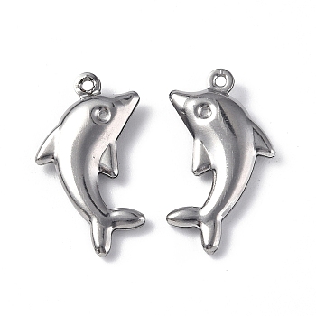 304 Stainless Steel Pendants, Dolphin Charm, Stainless Steel Color, 22x14x3mm, Hole: 1mm