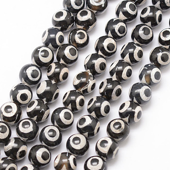 Tibetan Style 3-Eye dZi Beads, Natural Agate Bead Strands, Round, Dyed & Heated, Black, 10mm, Hole: 1mm, about 18pcs/strand, 7.5 inch