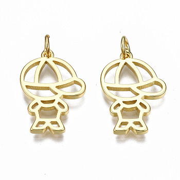 Brass Pendants, with Jump Rings, Nickel Free, Boy, Real 16K Gold Plated, 20.5x14x2mm, Jump Ring: 5x0.8mm, 3mm inner diameter
