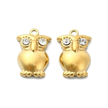 304 Stainless Steel Pendants,  with Rhinestone, Owl Charms, Real 14K Gold Filled, 15.5x10.5x4mm, Hole: 1.6mm
