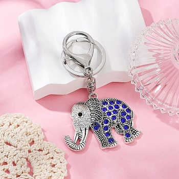 Alloy Rhinestone Keychain, with Alloy Clasps, Antique Silver, Sapphire, 98mm