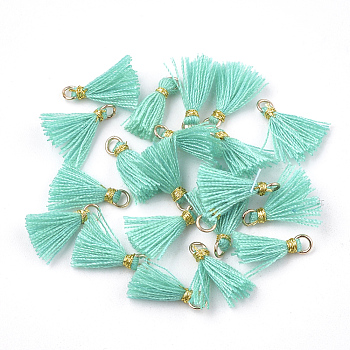 Polycotton(Polyester Cotton) Tassel Pendant Decorations, Mini Tassel, with Iron Findings and Metallic Cord, Light Gold, Turquoise, 10~15x2~3mm, Hole: 1.5mm