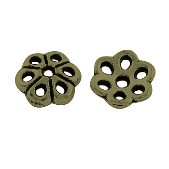 Tibetan Style Alloy Bead Caps, 6-Petal, Cadmium Free & Nickel Free & Lead Free, Antique Bronze, 6x2mm, Hole: 1mm
