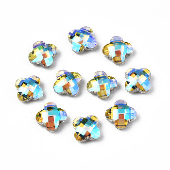 Pointed Back Glass Rhinestone Cabochons, Nail Art Decoration Accessories, AB Color Plated, Faceted, Clover, Clear AB, 9.5x9.5x4.5mm, about 720pcs/bag