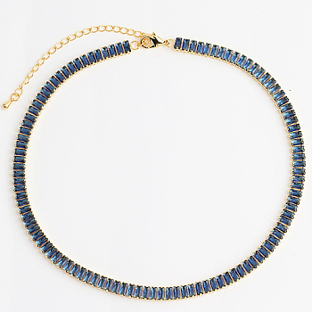 Cubic Zirconia Classic Tennis Necklace, Golden Brass Rectangle Link Chain Necklaces, Blue, 12.99 inch(33cm)