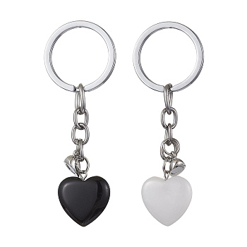 Natural Black Stone & Natural White Jade Heart Keychains, Alloy Magnetic Heart Clasp Couple Keychain, 7.8cm, 2pcs/set