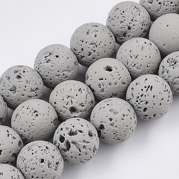 Spray Painted Natural Lava Rock Beads Strands, Round, Gray, 8~9mm, Hole: 0.7mm, about 47~48pcs/Strand, 15.75 inch(40cm)