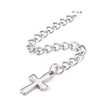 304 Stainless Steel Chain Extender, Curb Chain, with 202 Stainless Steel Charms, Cross, Stainless Steel Color, 63~68mm, Link: 3.7x3x0.5mm, Cross: 11.8x7x0.6mm