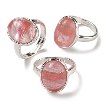 Cherry Quartz Glass Oval Adjustable Rings, Lead Free & Cadmium Free, Silver Plated Brass Finger Rings for Women Men, Oval: 18x14mm, Inner Diameter: 18mm