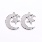 Non-Tarnish 201 Stainless Steel Pendants, Moon with Star, Stainless Steel Color, 29x24x0.6mm, Hole: 1.4mm(X-STAS-E438-60P)