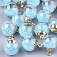 Glass Ball Pendants, with Micro Beads and CCB Plastic Findings, Round, Sky Blue, 21x15.5~16mm, Hole: 2mm(X-GLAA-T003-03C)