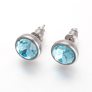 304 Stainless Steel Stud Earrings, with Rhinestone, Flat Round, Aquamarine, 10x6mm, Pin: 0.9mm(EJEW-F182-A12)