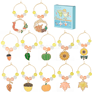 Autumn Theme Alloy Enamel with Glass Wine Glass Charms, with Brass Hoop Earring Findings, Leaf/Sunflower/Pine Cone, Mixed Color, 48~60mm, 12 style, 1pc/style, 12pcs/set(AJEW-SC0002-11)
