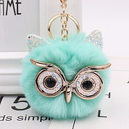 Pom Pom Ball Keychain, with KC Gold Tone Plated Alloy Lobster Claw Clasps, Iron Key Ring and Chain, Owl, Turquoise, 12cm(KEYC-PW0002-033B)