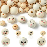 140Pcs 7 Styles  Printed Wood Beads, Round with Smiling Face Pattern, Undyed, Bisque, 12~18x11~17mm, Hole: 2.9~5mm, 20pcs/style(WOOD-YW0001-14)