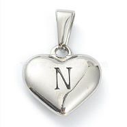 304 Stainless Steel Pendants, Heart with Black Letter, Stainless Steel Color, Letter.N, 16x16x4.5mm, Hole: 7x3mm(X-STAS-P278-01N-P)