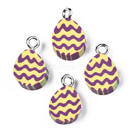 Handmade Polymer Clay Charms, with Platinum Tone Iron Loop, Easter Egg, Yellow, 14~15x9x4~5mm, Hole: 2mm(CLAY-S096-018)
