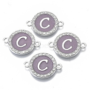 Alloy Enamel Links Connectors, with Crystal Rhinestones, Flat Round with Letter, Silver Color Plated, Letter.C, 22x16x2mm, Hole: 1.8mm(ENAM-TAC0003-01S-01C)