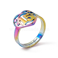 Ion Plating(IP) 201 Stainless Steel Heart with Number 15 Adjustable Ring for Women, Rainbow Color, US Size 6(16.5mm)(RJEW-C045-12M)