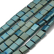Electroplated Non-magnetic Synthetic Hematite Beads Strands, Square, Matte Style, 2-Hole, Medium Aquamarine, 6x6x3mm, Hole: 1.2mm, about 69pcs/strand, 15.55 inch(39.5cm)(G-C106-A01-01)