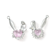 Brass Micro Pave Cubic Zirconia Pendants, Rabbit Head Charm, Real Platinum Plated, Pink, 24x20.5x5mm, Hole: 1.5mm(KK-L208-05P-05)