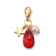 Faceted Teardrop Glass Pendants, with Glass Pearl Round Beads, Star 304 Stainless Steel Charms & Lobster Claw Clasps, Red, 34mm(HJEW-JM00487-03)