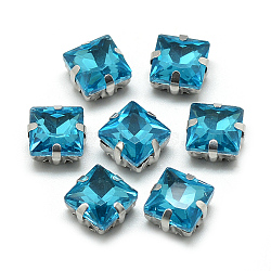Sew on Rhinestone, Multi-strand Links, Glass Rhinestone, with Brass Prong Settings, Garments Accessories, Faceted, Square, Platinum, Deep Sky Blue, 8x8x5.5mm, Hole: 0.8~1mm(RGLA-T037-8x8mm-13)