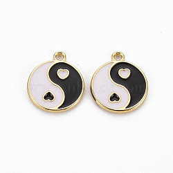 Rack Plating Alloy Enamel Charms, Cadmium Free & Lead Free, Light Gold, Flat Round with Yin Yang, Black, 13.5x11.5x1mm, Hole: 1.2mm(ENAM-Q444-011D-RS)