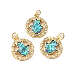 Brass Micro Pave Cubic Zirconia Pendants, with Synthetic Opal, Long-Lasting Plated, Lead Free & Cadmium Free, Flat Round with Hamsa Hand, with Jump Rings, Real 18K Gold Plated, 18x15~16x3.5mm, Hole: 3mm(KK-K385-130B-G)