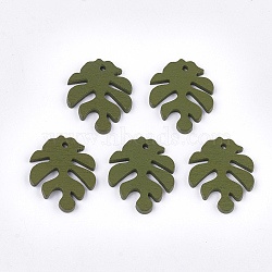 Painted Poplar Wood Pendants, Tropical Leaf Charms, Monstera Leaf, Olive Drab, 30x24x2.5~3mm, Hole: 1.5~2mm(WOOD-T021-11K)