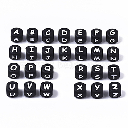 Food Grade Eco-Friendly Silicone Beads, Horizontal Hole, Chewing Beads For Teethers, DIY Nursing Necklaces Making, Cube, Black, Random Mixed Letters, 12x12x12mm, Hole: 2mm(SIL-T055)