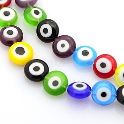 Handmade Evil Eye Lampwork Bead Strands, Flat Round, Mixed Color, 8x4mm, Hole: 1mm, about 53pcs/strands, 15 inch(LAMP-J029-8mm-M)