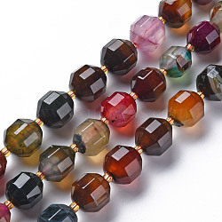 Natural Agate Beads Strands, Dyed, Faceted, with Seed Beads, Double Terminated Point Prism Beads, Bicone, Colorful, 10.5~12.5x10~11.5mm, Hole: 1.5mm, about 27~29pcs/strand, 14.25 inch~15.16 inch(36.2cm~38.5cm)(G-T131-118A)